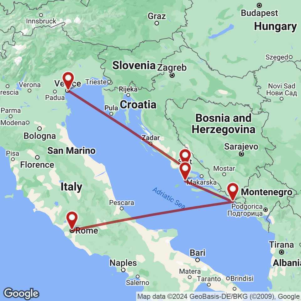Route for Rome, Dubrovnik, Hvar, Split, Venice tour
